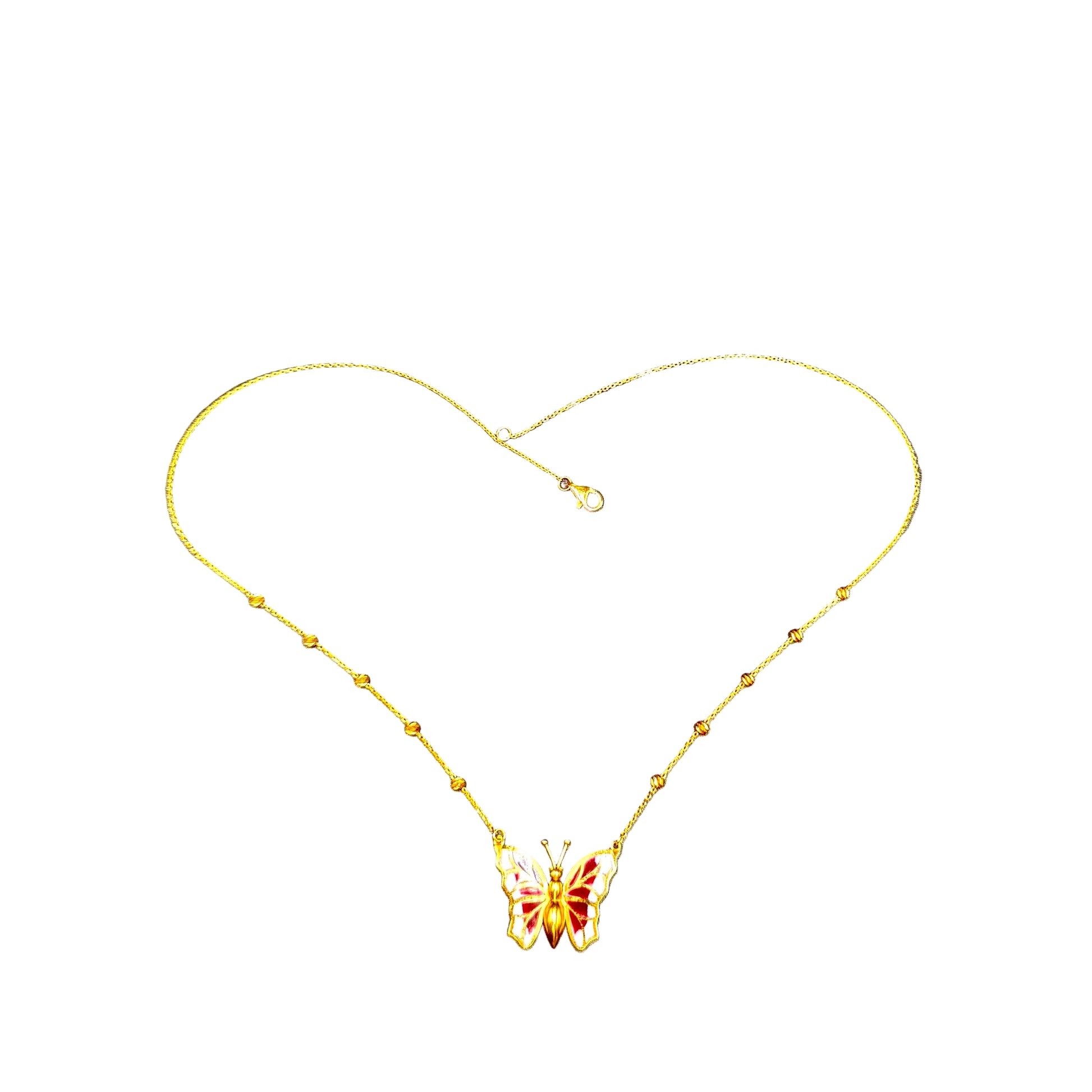 Gold necklace with a butterfly pendant on a gray background
